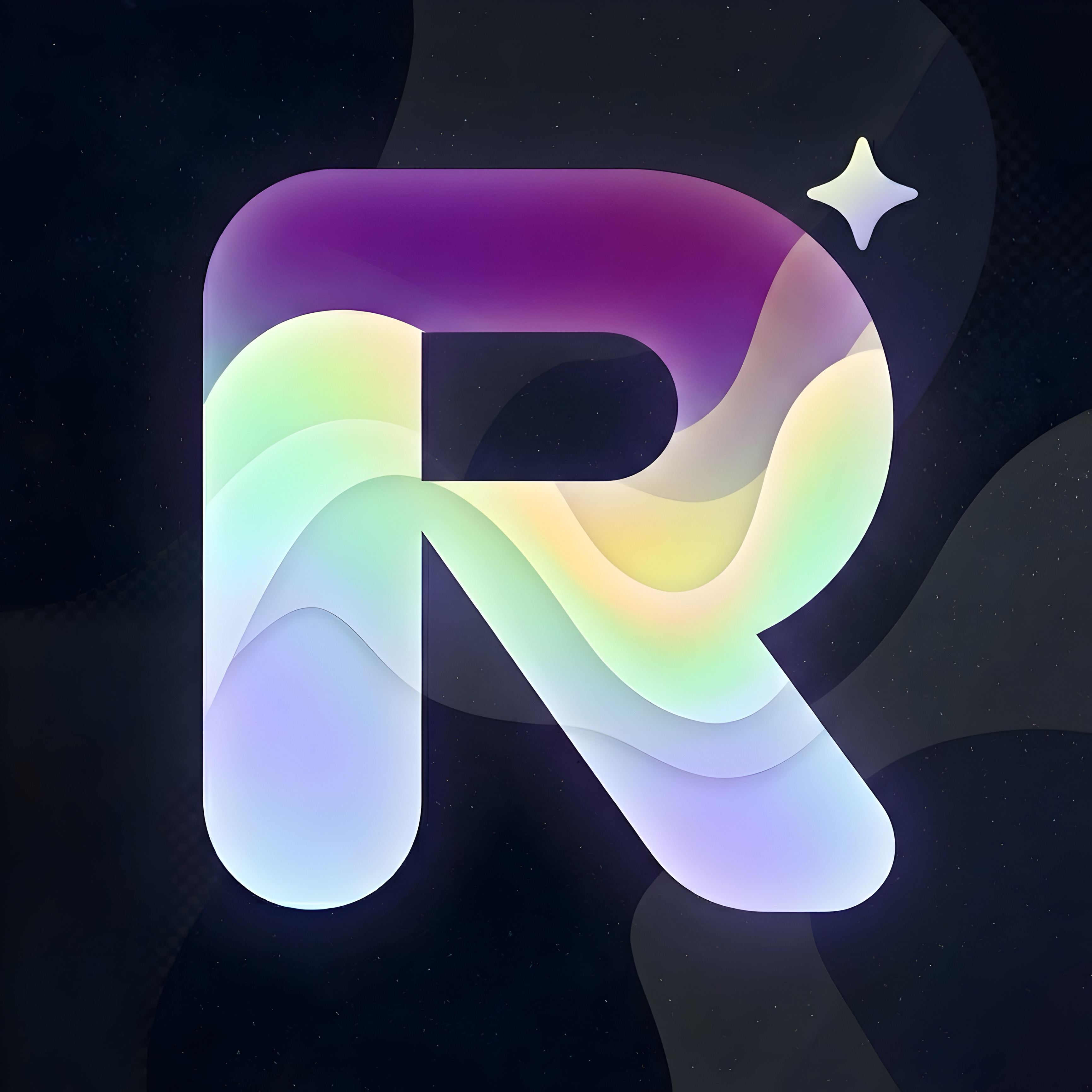 Rozhwar app icon — stylized R with purple and green gradients